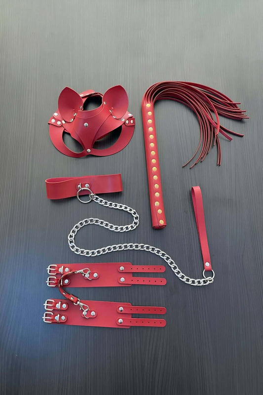 Red Fantasy Set, Whip - Handcuffs - Leash - Mask Set