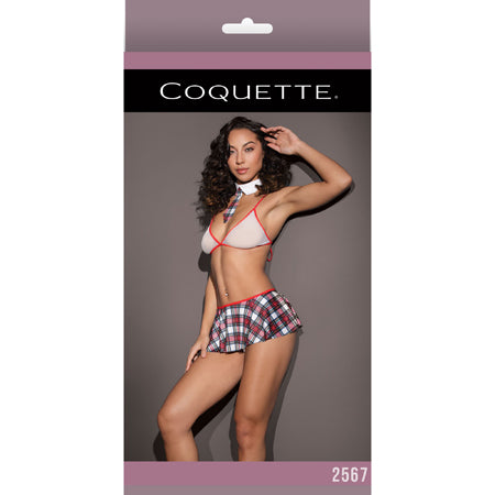 School Girl Fishnet Bralette W/ Plaid Knit Skirt & Collar White/Red OS Packaging Box