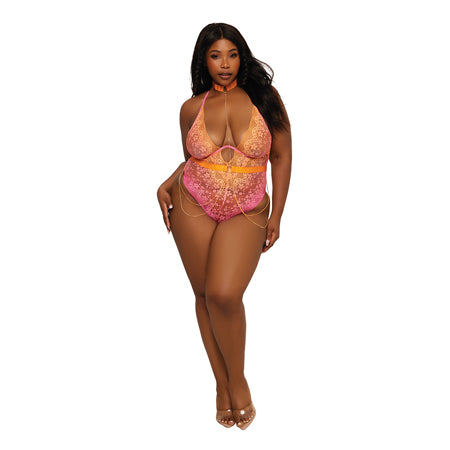 Dreamgirl Lace Halter Teddy & Chain Body Harness Milkshake Pink/Tangerine